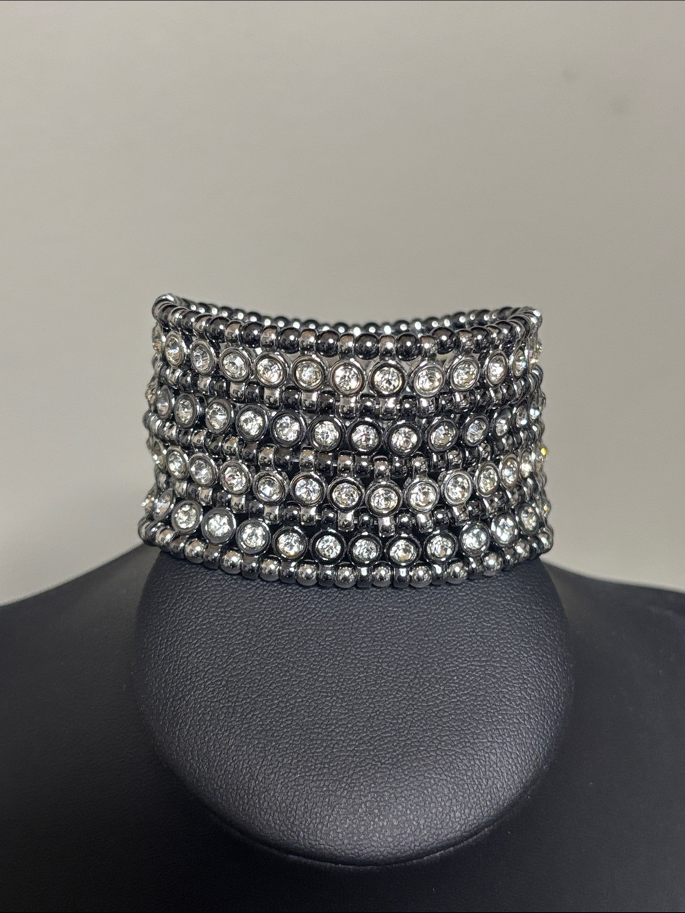 WHBM Crystal Embellished Gunmetal Silver Statement Stretch Cuff Bracelet